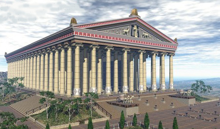 massive temple with 127 columns surrounded by gardens and plazas