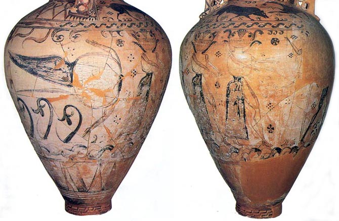 back and front of amphora with gorgons