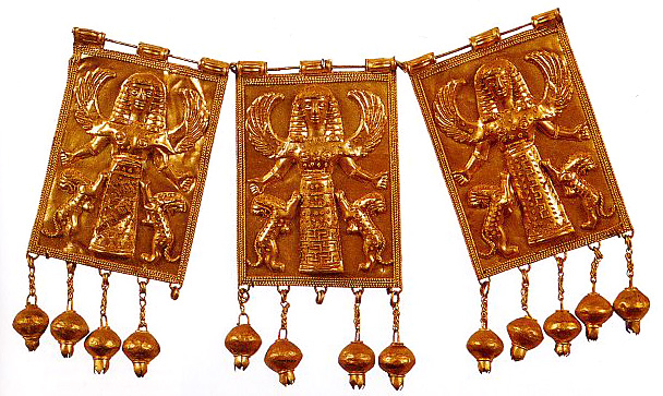 three golden pendants with goddess of animals