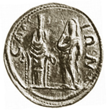 coin with goddess and worshipper