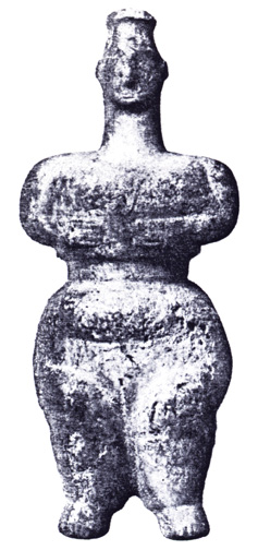female figurine of husky build with tiny cap