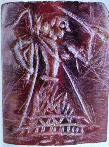 red stone seal with woman holding  staff and sword
