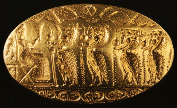 golden oval ring with goddess and animals