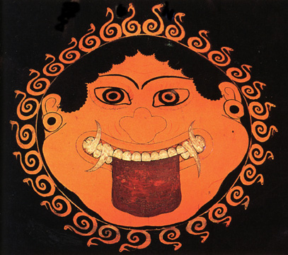 smiling tusked gorgon vase painting