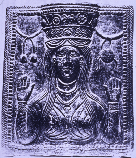woman wearing tall polos headdress, bronze relief