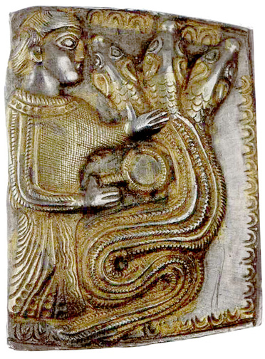 woman holding mirror with three-headed dragon