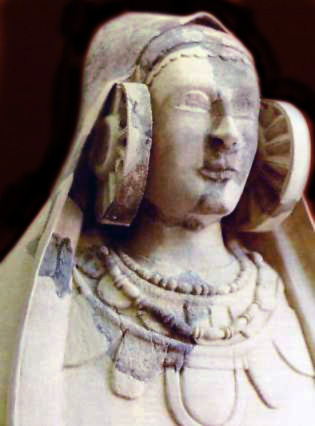 bust of lady with wheeled head ornaments