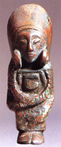small bronze of standing woman with headdress and faraway expression