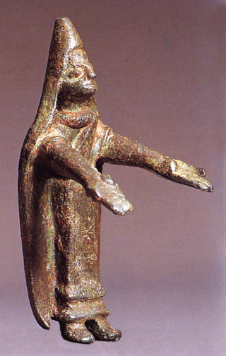 bronze woman praying with arms outstretched