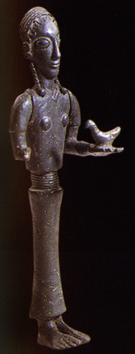 tall bronze woman in robe with cinched belt