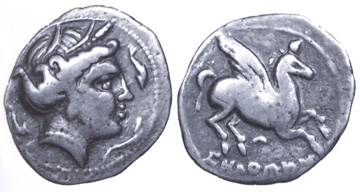 front and back of coin, goddess and pegasus