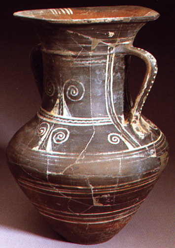 grey jug with incised spirals in white
