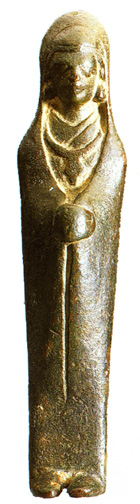 long narrow sculpture of a woman envelopd in a mantle, wearing a pendant and headdress