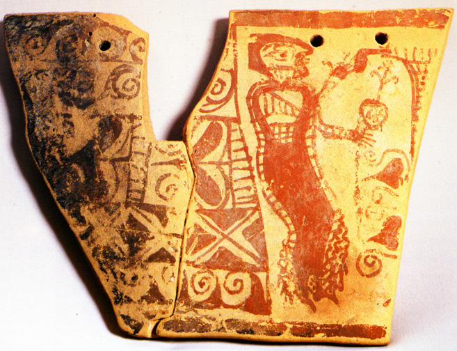 red-painted ceramic plaque: woman spinning in flounced skirt