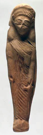 slim terracotta figurine of a robed woman