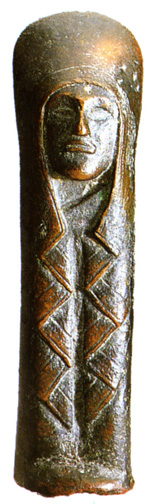 long narrow bronze woman with large veiled head and body only abstract folds of veil, no arms or legs shown