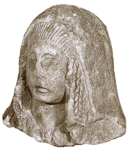 broad woman's head with elaborate braiding and mantle
