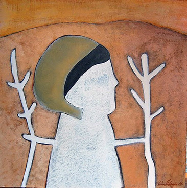 woman in cap with branched staffs