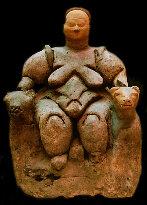 fat goddess seated between two leopards, in clay