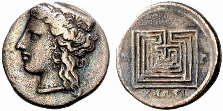 two sides of coin, goddess on one, labyrinth on the other