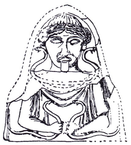 line drawing of Gorgon statue with gown and lady's coiffure