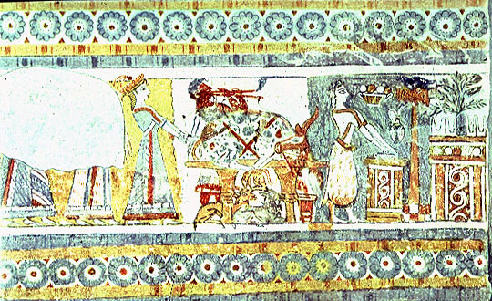 priestess at altar with bull offering