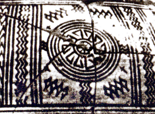 a legged wheel painted on vessel