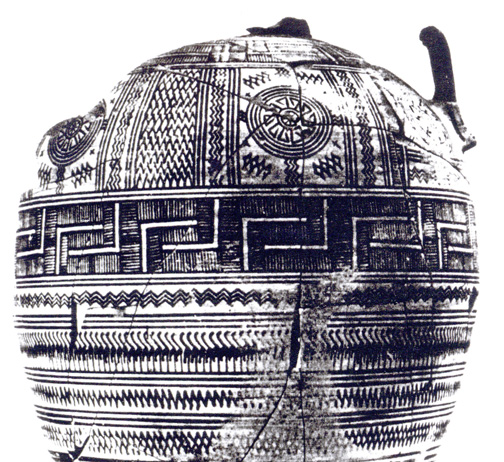 Geometric vessel with key patterns, zigzags, parallel lines and lozenges, plus a row of abstract cranes