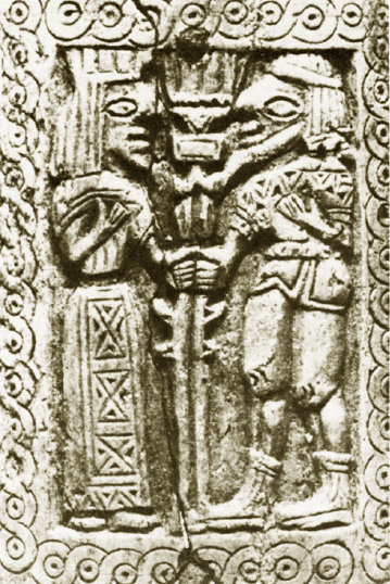 archaic ivory carved of a woman in feather headdress and beareded man in tunic both grasping a tree or staff
