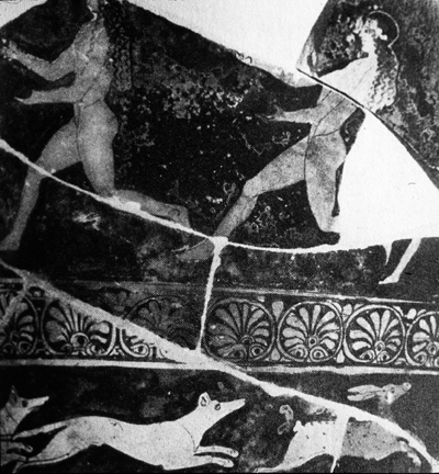 athletic maidens running naked with line of animals underneath