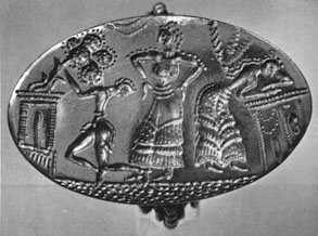 dancing goddess flanked by worshippers at shrines
