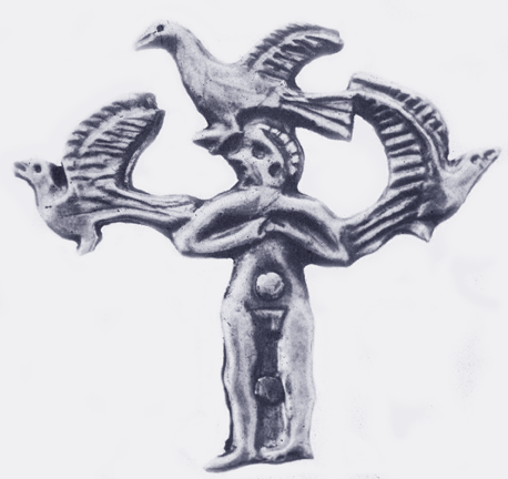 woman with three doves and hands on breasts