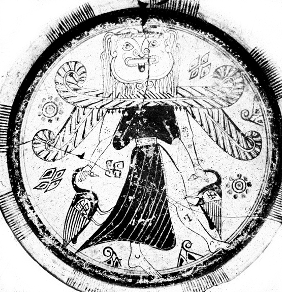 winged gorgon with birds painted on plate