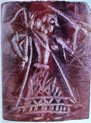 red stone seal with woman holding staff and sword