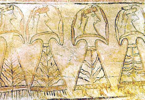 another etched and painted line of female mourners with arms raised