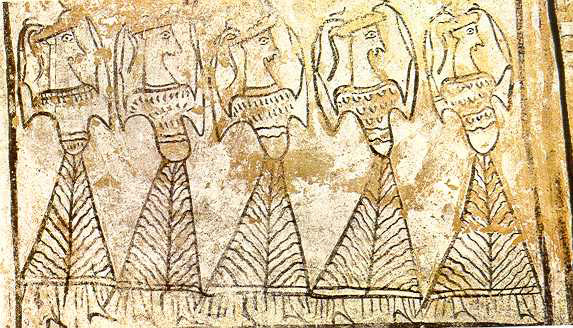 golden limestone etched and painted line of mourning women