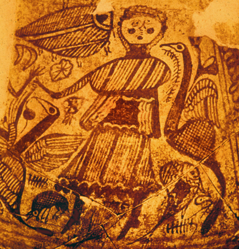 dancing woman surrounded by birds and dog