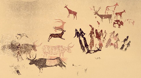 a group of dancing women in leather skirts, with long breasts, one of them floating in the air above a running animal