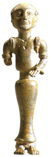 woman with cinched belt and narrow skirt holding offering in left hand