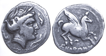 front and back of coin, goddess and pegasus