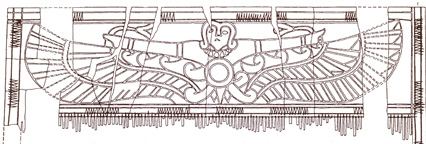 goddess with outstretched wings holds lotus in each hand